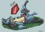  anal animal_genitalia animal_penis blush canine_penis coffeefly cum ear_piercing eyes_closed grass internal knotting lucario male male/male nintendo penis piercing pok&eacute;mon riolu sex simple_background tongue tongue_out video_games 