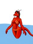  2016 alae_dequha_(artist) anthro black_hair breasts clothing dragon female hair merrina_(character) nipples red_scales red_skin scales scalie simple_background solo swimsuit translucent water 