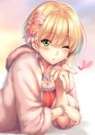  blonde_hair blown_kiss blush chestnut_mouth coat earrings flower green_eyes hair_flower hair_ornament heart idolmaster idolmaster_cinderella_girls jewelry looking_at_viewer miyamoto_frederica necklace piromizu short_hair simple_background solo 