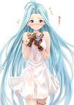  absurdres ahoge akita_hika aqua_hair bare_shoulders blue_eyes blush brown_gloves choker commentary_request cowboy_shot dress flying_sweatdrops gloves granblue_fantasy hair_intakes highres long_hair looking_at_viewer lyria_(granblue_fantasy) nose_blush see-through simple_background solo very_long_hair white_dress 