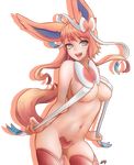  :d animal_ears bad_id bad_pixiv_id bangs blue_eyes breasts cowboy_shot drop_shadow fang gen_6_pokemon hair_ornament hair_ribbon highres large_breasts long_hair looking_at_viewer navel open_mouth orange_hair personification pokemon red_legwear revealing_clothes ribbon short_hair_with_long_locks sidelocks smile solo stomach sylveon tail tasselcat thighhighs white_ribbon 
