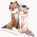  bad_id bad_pixiv_id bird_tail brown_coat brown_eyes brown_hair buttons coat dutch_angle eurasian_eagle_owl_(kemono_friends) full_body fur-trimmed_coat fur_trim hair_between_eyes head_wings kemono_friends long_sleeves looking_at_viewer multicolored_hair multiple_girls northern_white-faced_owl_(kemono_friends) oro_ponzu pantyhose silver_hair simple_background sitting wariza white_background white_coat white_legwear 