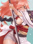  amputee baiken breasts cleavage cowboy_shot eyepatch glint guilty_gear holding holding_sword holding_weapon japanese_clothes katana kimono large_breasts long_hair looking_at_viewer obi one-eyed pink_eyes pink_hair ponytail samurai sash scar scar_across_eye solo sword tasselcat weapon wide_sleeves 