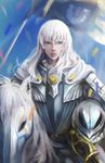  absurdres armor barding berserk black_xiao_hei blue_eyes breastplate cape carrying_under_arm flag griffith hair_between_eyes headwear_removed helmet helmet_removed highres horse horseback_riding long_hair looking_at_viewer male_focus riding solo sword weapon white_hair 