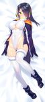  ankle_boots arms_at_sides ass_visible_through_thighs bed_sheet black_footwear black_gloves black_hair boots breasts closed_mouth commentary_request covered_navel covered_nipples dakimakura dress emperor_penguin_(kemono_friends) full_body gloves groin hair_over_one_eye headphones highleg highleg_leotard highres hood hood_down hoodie kemono_friends large_breasts leotard long_hair looking_at_viewer lying mckeee multicolored_hair on_back on_bed open_clothes open_hoodie orange_hair purple_eyes ribbed_dress ribbed_leotard skin_tight solo streaked_hair thigh_gap thighhighs turtleneck two-tone_hair underboob underboob_cutout white_legwear white_leotard yellow_eyes 