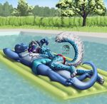  anthro bulge clothed clothing duo feline hug lizard lying male mammal on_side outside reptile scalie smile speedo swimming_pool swimsuit topless yojek163 