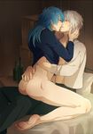  2boys anal ass ass_juice blue_hair blush bottomless clear_(dramatical_murder) dramatical_murder fingering hiki_yuichi kiss male_focus multiple_boys seragaki_aoba silver_hair sitting sitting_on_person undressing yaoi 