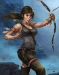  absurdres artist_name bandaged_arm bandages bare_shoulders belt blood bow_(weapon) brown_eyes brown_hair commentary dandon_fuga highres huge_filesize lara_croft lips ponytail realistic solo tank_top tomb_raider tomb_raider_(reboot) torn_clothes weapon 