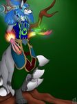  aleu_moonshadow anthro blue_hair breasts canine clothed clothing druid fox hair long_hair looking_at_viewer magic magic_user mammal multi_breast multi_tail simple_background smile solo tree tribal_spellcaster vene video_games warcraft 