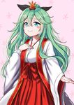  blue_eyes blush commentary_request floral_background green_hair hair_between_eyes hair_ornament hairclip japanese_clothes kantai_collection long_hair miko mizunashi_hayate pink_background saishi smile solo yamakaze_(kantai_collection) 