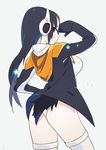  ass bangs black_hair blush breasts brown_eyes emperor_penguin_(kemono_friends) from_behind headphones hood hoodie kemono_friends large_breasts leotard long_hair looking_at_viewer looking_back multicolored_hair open_clothes profile simple_background sohin solo thighhighs white_background white_legwear white_leotard 