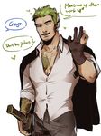  1boy facial_hair francishsie gloves green_hair male_focus muscle overwatch smile solo sword tattoo waving 