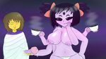  2017 anthro arachnid arthropod big_breasts black_hair blush breasts clothing cum erection fangs female hair hair_bow hair_ribbon huge_breasts humanoid intersex male male/female muffet multi_arm multi_eye multi_limb nipples not-furry nude penis ribbons simple_background smile undertale video_games 