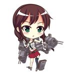  asymmetrical_legwear braid brown_hair chibi collarbone gloves green_eyes highres kantai_collection long_hair looking_at_viewer low_twintails machinery navel noshiro_(kantai_collection) pleated_skirt school_uniform serafuku simple_background skirt solo turret twin_braids twintails white_background white_gloves yoshino_yamato 