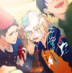  birthday black_hair blonde_hair blue-framed_eyewear blurry blush cake confetti depth_of_field food food_on_face food_on_head gift glasses green_eyes grey_eyes hat highres hood hoodie inari_(inr_ken) katsuki_yuuri male_focus multiple_boys object_on_head otabek_altin party_hat smile streamers yuri!!!_on_ice yuri_plisetsky 