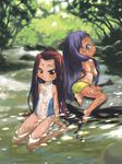  ass barefoot bikini black_hair blue_eyes brown_eyes brown_hair covered_navel dark_skin day dirty forest highres long_hair looking_back multiple_girls nature one-piece_swimsuit one-piece_tan original outdoors partially_submerged sitting stream swimsuit tan tanline teruki_kuma very_long_hair 