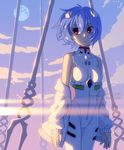  ayanami_rei blue_hair dav-19 jacket lance_of_longinus lens_flare looking_to_the_side moon neon_genesis_evangelion off_shoulder plugsuit red_eyes sleeveless solo star_(sky) sunset 