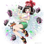  :d bangs bare_arms bare_legs beanie black_hair bob_cut bubble cat eyelashes floral_print full_body fushigi-chan gen_7_pokemon green_shorts hat holding litten mizuki_(pokemon) navel open_mouth parted_bangs poke_ball_theme pokemon pokemon_(creature) pokemon_(game) pokemon_sm pyukumuku red_hat sea_cucumber shirt shoelaces shoes short_hair short_sleeves shorts silver_eyes smile sneakers tabby_cat tareme teeth tied_shirt tongue twitter_username white_shirt 