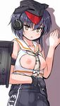  bare_shoulders black_gloves black_hair breastless_clothes breasts brown_eyes gloves hat headphones i-13_(kantai_collection) kantai_collection medium_breasts necktie nipples off_shoulder open_mouth rigging short_hair solo swimsuit_pull tsuzuri_(tuzuri) wet 