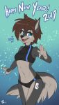  2019 anthro blue_eyes breasts brown_hair canine clothed clothing female fluff-kevlar fur grey_fur hair holidays looking_at_viewer mammal markings midriff new_year simple_background smile solo standing tala_(fluff-kevlar) teeth wolf 