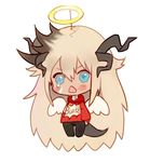  chibi dark_skin fate/apocrypha fate/grand_order fate_(series) halo horns long_hair looking_at_viewer male_focus rosette_(yankaixuan) shirt siegfried_(fate) solo white_background wings 