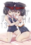  asymmetrical_hair bare_shoulders barefoot between_breasts black_hair breasts brown_eyes character_name hair_between_eyes hat headphones highres hug i-13_(kantai_collection) i-14_(kantai_collection) kantai_collection kneeling multiple_girls no_gloves open_mouth sailor_collar school_swimsuit short_hair small_breasts swimsuit wo_jianqiang_fu_guo 