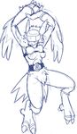  anthro armor belt big_feet blush breasts claws digimon fangs feathered_wings feathers female hair helmet long_ears mesozoid monochrome nipples obstructed_eyes panting silphymon simple_background sketch solo toe_claws visor wings 