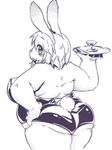  2012 anthro belly beverage big_belly big_breasts breasts bunny_costume clothed clothing female hair hand_on_hip kemono kishibe lagomorph looking_at_viewer looking_back mammal monochrome obese open_mouth overweight platter rabbit rear_view short_hair side_boob simple_background sketch skimpy solo standing thick_thighs white_background 