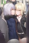  arm_up artoria_pendragon_(all) asymmetrical_docking bangs belt black_jacket black_shirt blonde_hair blue_jacket breast_press breasts clenched_teeth cross cross_necklace fate/grand_order fate_(series) fur-trimmed_jacket fur_trim highres jacket jeanne_d'arc_(alter)_(fate) jeanne_d'arc_(fate)_(all) jewelry looking_at_another looking_at_viewer medium_breasts multiple_girls necklace open_clothes open_jacket pendant people ponytail saber_alter shirt short_hair shorts silver_hair small_breasts smile smug teeth thighs train_interior vehicle_interior wicked_dragon_witch_ver._shinjuku_1999 yellow_eyes yuran 