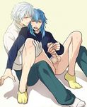  2boys ass ass_juice blue_hair bottomless clear_(dramatical_murder) cum dramatical_murder erection hiki_yuichi male_focus multiple_boys penis penis_grab seragaki_aoba silver_hair sitting socks testicles yaoi 