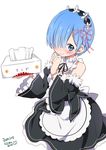  :&gt; :3 apron artist_name bangs black_ribbon blue_eyes blue_hair blush box cat closed_mouth commentary_request cowboy_shot dated detached_collar detached_sleeves hair_ornament hair_over_one_eye hair_ribbon hakugei_(re:zero) hands_up holding holding_box maid maid_headdress objectification pink_ribbon ragho_no_erika re:zero_kara_hajimeru_isekai_seikatsu rem_(re:zero) ribbon short_hair signature simple_background smile solo tissue_box waist_apron white_background x_hair_ornament 