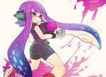  ass bangs bike_shorts black_shorts blunt_bangs closed_mouth conomi-c5 domino_mask duplicate full_body headgear holding inkling kneeling long_hair mask octoshot_(splatoon) paint_splatter pointy_ears purple_eyes purple_hair purple_shirt red_footwear shirt shoes short_sleeves shorts single_vertical_stripe smile solo splatoon_(series) splatoon_1 t-shirt tentacle_hair twitter_username wristband 