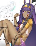 animal_ears belt chocolate dark_skin earrings eating egyptian egyptian_clothes fate/grand_order fate_(series) jackal_ears jewelry looking_at_viewer medjed nitocris_(fate/grand_order) p!nta purple_eyes purple_hair staff 