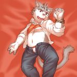  bracelet briefs bulge cat catmuti clothed clothing clothing_lift cute_fangs feline jeans jewelry lying male mammal navel nipples on_back open_mouth open_shirt pants pink_nose red_eyes shirt shirt_lift solo underwear whiskers 