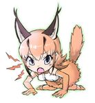  :o all_fours animal_ears ankle_boots armpit_peek bare_shoulders belt blue_eyes blush boots bow bowtie breast_pocket brown_hair caracal_(kemono_friends) caracal_ears caracal_tail chibi codeblueocean cross-laced_clothes elbow_gloves eyebrows eyebrows_visible_through_hair fang frilled_shirt frills full_body gloves gradient_hair kemono_friends light_brown_hair multicolored_hair open_mouth orange_bow orange_footwear orange_gloves orange_hair orange_legwear outline pocket roaring shirt short_hair simple_background skirt sleeveless sleeveless_shirt solo tail tail_raised thighhighs tsurime v-shaped_eyebrows white_background white_belt white_hair white_shirt 