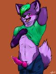 animal_genitalia animal_penis black_nose blue_eyes blush canine canine_penis clothing erection fox fur gothic_cheese green_hair hair jeans knot looking_at_viewer male mammal pants penis precum purple_fur simple_background smile solo 