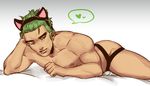  1boy ass cat_ears francishsie genji_(overwatch) green_hair jockstrap looking_at_viewer lying male_focus muscle overwatch solo underwear wink 
