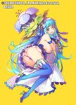 ass blue_eyes blue_hair blue_legwear breasts high_heels large_breasts long_hair looking_at_viewer million_arthur_(series) pop_kyun sideboob simple_background smile solo thighhighs yellow_background 
