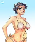  1girl bikini black_hair blue_eyes blush breasts carnet_(pokemon) cleavage erect_nipples exhibitionism gerph large_breasts looking_at_viewer midriff navel nintendo open_mouth pokemon pokemon_(game) pokemon_champion pokemon_xy short_hair solo swimsuit 