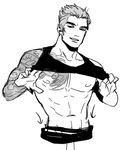  1boy dressing francishsie genji_(overwatch) looking_at_viewer male_focus msucle overwatch smile smirk solo tattoo 