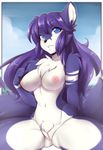  2017 anthro areola big_breasts blue_eyes blue_fur blue_hair breasts canine clothing cloud female fur hair long_hair lucia_(character) mammal navel nipples nude pink_nipples pussy ribbons sky solo spread_legs spreading suelix swimsuit teeth tuft white_fur wolf 