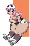  1girl blue_eyes breasts cleavage large_breasts original_character pink_hair plump pokemon shoes short_shorts simple_background sneakers solo tattoo team_skull thick_thighs white_shoes 