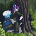  anthro canine clothed clothing female forest fur hair knife mammal navel outside solo tree yojek163 