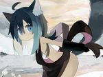  ahoge animal_ears aqua_eyes aqua_hair bangs bare_arms bare_shoulders black_gloves blush_stickers cat_ears cat_tail closed_mouth cloud cloudy_sky commentary_request cowboy_shot dot_nose elbow_gloves eyebrows_visible_through_hair from_side gloves hair_between_eyes horizon leaning_forward light_smile long_hair looking_at_viewer looking_to_the_side muted_color navel original outdoors outstretched_arm pappii_(paprika_shikiso) paprika_shikiso parted_bangs petite raised_eyebrows sky solo standing tail 