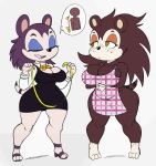  2018 animal_crossing anthro apron breasts cleavage clothed clothing duo eulipotyphlan eyes_closed female half-closed_eyes hedgehog hi_res labelle_able mammal monochrome nintendo purple_yoshi_draws sable_able short_stack sibling sisters tape_measure video_games 