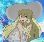  :d bangs bare_arms bare_shoulders blonde_hair blue_sky blunt_bangs braid collarbone day dress green_eyes hashtag hat leaning_forward lillie_(pokemon) long_hair open_mouth outdoors pokemon pokemon_(anime) pokemon_sm_(anime) sky sleeveless sleeveless_dress smile solo sun_hat tree twin_braids viper3n3n3_(cristy) white_dress white_hat 