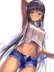  arm_up armpits arms_behind_head black_hair blue_eyes blush breasts dark_skin dress gorua_(youce01) hose large_breasts long_hair looking_at_viewer md5_mismatch navel original revision see-through short_shorts shorts simple_background solo strap_slip tank_top wet wet_clothes white_background white_dress yuurika_(gorua) 