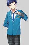  blue_hair ensemble_stars! fushimi_yuzuru highres male_focus mole mole_under_eye pants plaid plaid_pants school_uniform smile solo toma_(norishio) yumenosaki_school_uniform 