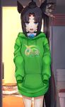  :d black_hair blue_eyes fate/grand_order fate_(series) hat hood hoodie kotatsu long_hair looking_at_viewer open_mouth p!nta quick_shirt refrigerator side_ponytail sleeves_past_wrists smile solo table ushiwakamaru_(fate/grand_order) very_long_hair 