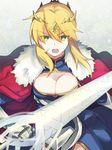  armor armored_dress artoria_pendragon_(all) artoria_pendragon_(lancer) blonde_hair blush breasts cape cleavage crown dress fate/grand_order fate_(series) gloves green_eyes holding holding_weapon lance large_breasts long_hair looking_at_viewer nikame no_bra polearm shiny shiny_clothes shiny_hair sky smile upper_body weapon 